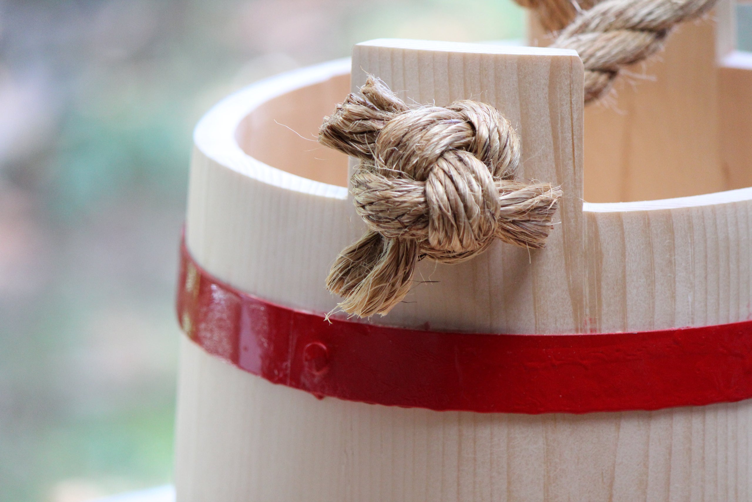 Wooden Bucket, white pine, red painted iron hoops, manila rope handle